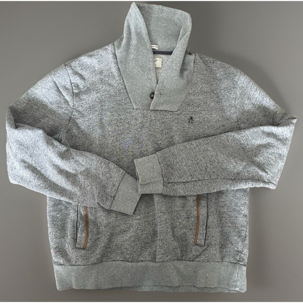 Penguin By Munsingwear Shawl Neck Sweater Slim Gray Logo Embroidered Large JBHS